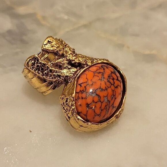Yves Saint Laurent YSL 5 Arty Orange Coral Cabochon Limited RARE 24k Gold Ring - Picture 2 of 14